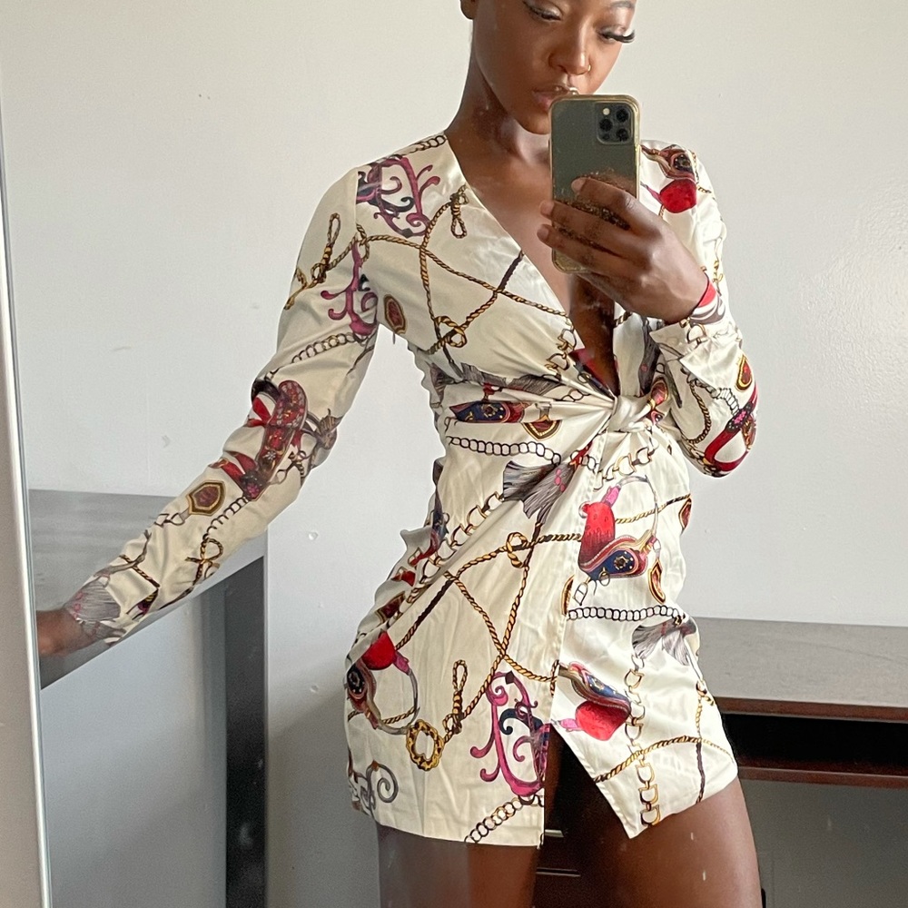 Satin scarf print dress